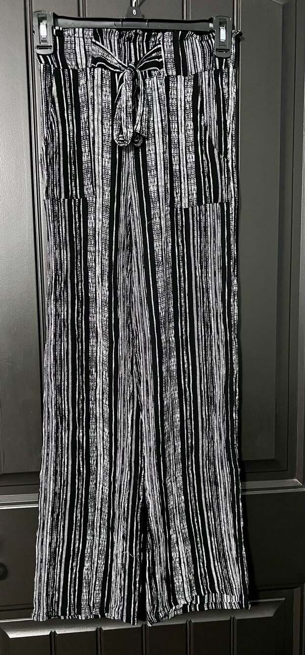 Joe B Striped Wide Leg Pants X-Small Black White Rayon Drawstring